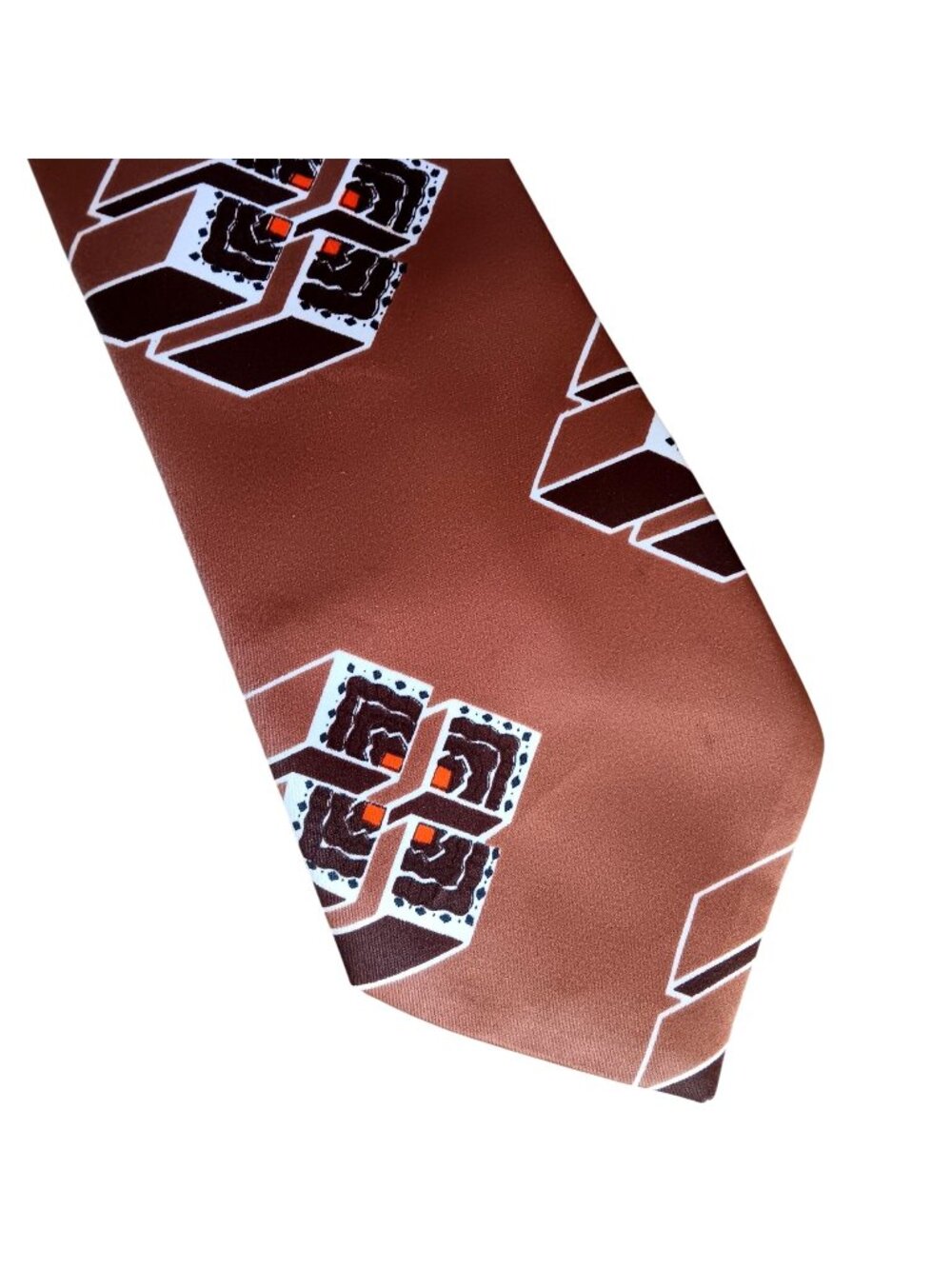 True Vintage Necktie 1970's Mens Brown Tie Geometric 3D Cube 54" Polyester